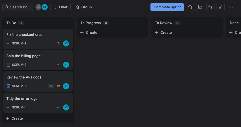 The sprint board: four issues in an open sprint with priorities, story points and an assignee — exactly what Diarized reads